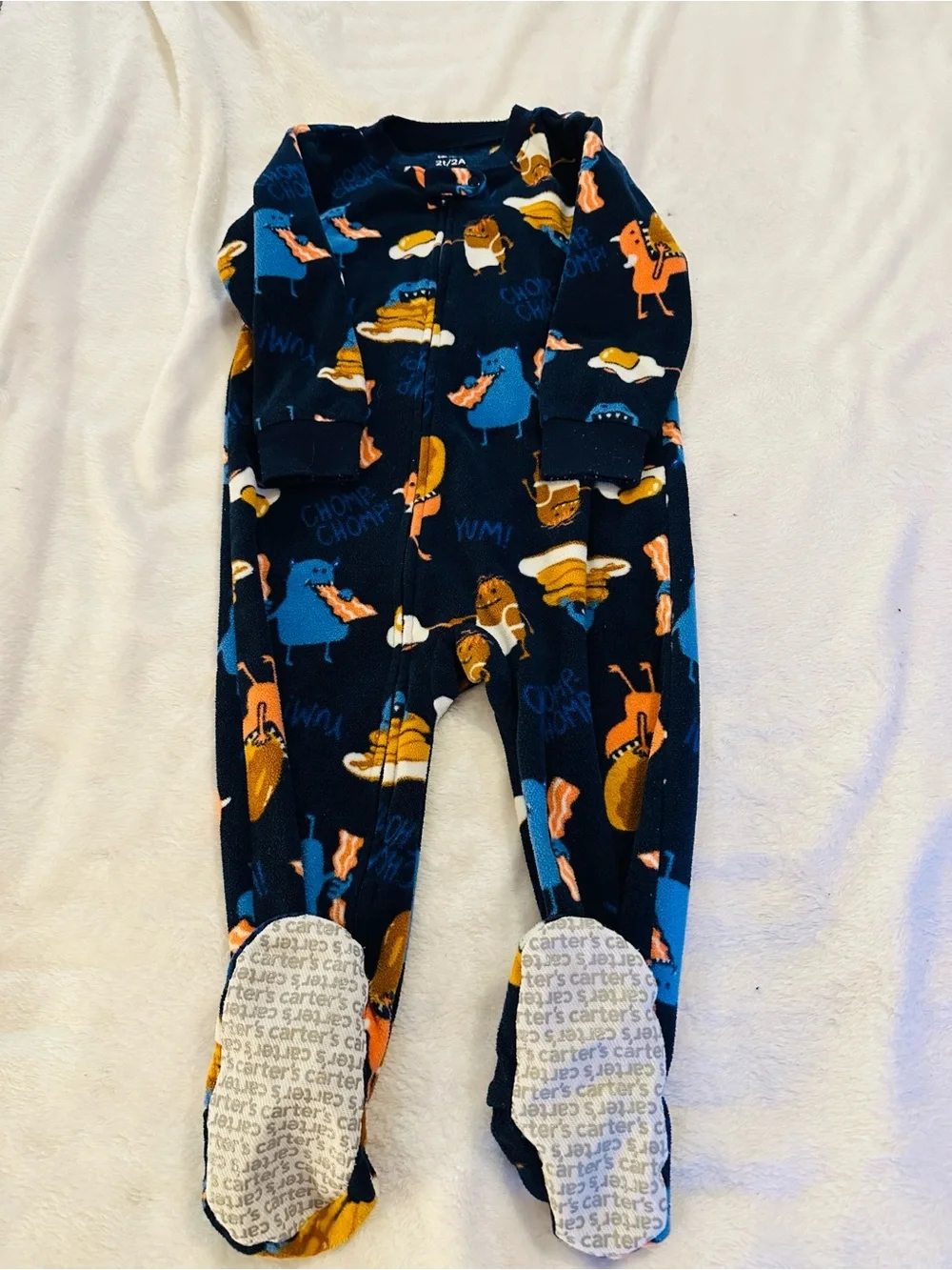 Carter's Navy Blue Fleece Footed Pajamas with Snack Character Print
